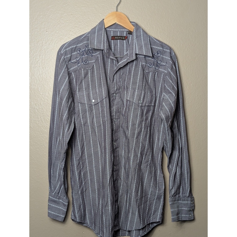 Roper Western Shirt Mens Large Grey Stripe Pearl Snap Embroidered 1-01-017-310GY - Picture 1 of 16